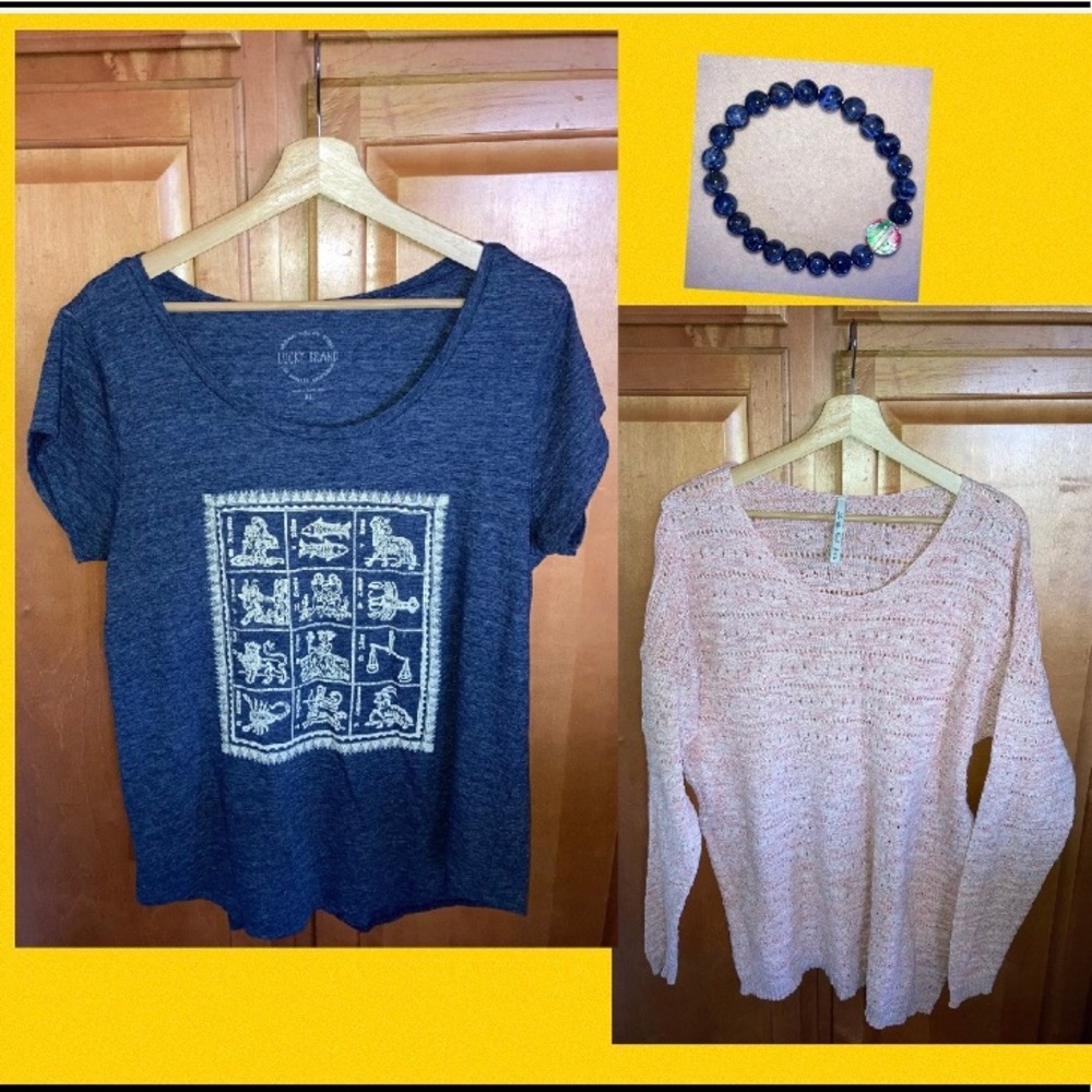 Lot Lucky Brand Top, Sweater, Bracelet & Bag blue zodiac pink stone cotton XL 16